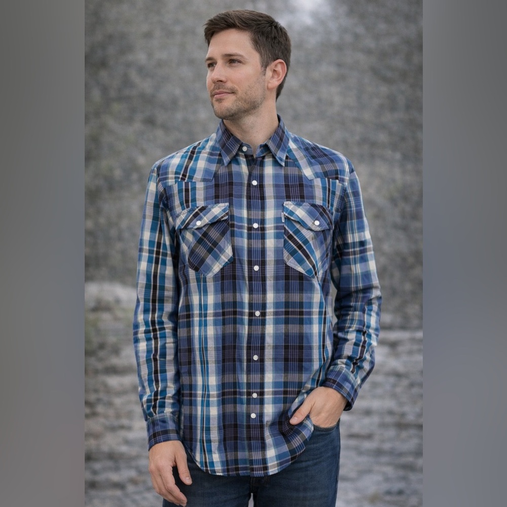 Levi’s Plaid Western Snap Button Shirt Men’s Medium Blue Pearl Snap Cowboy
